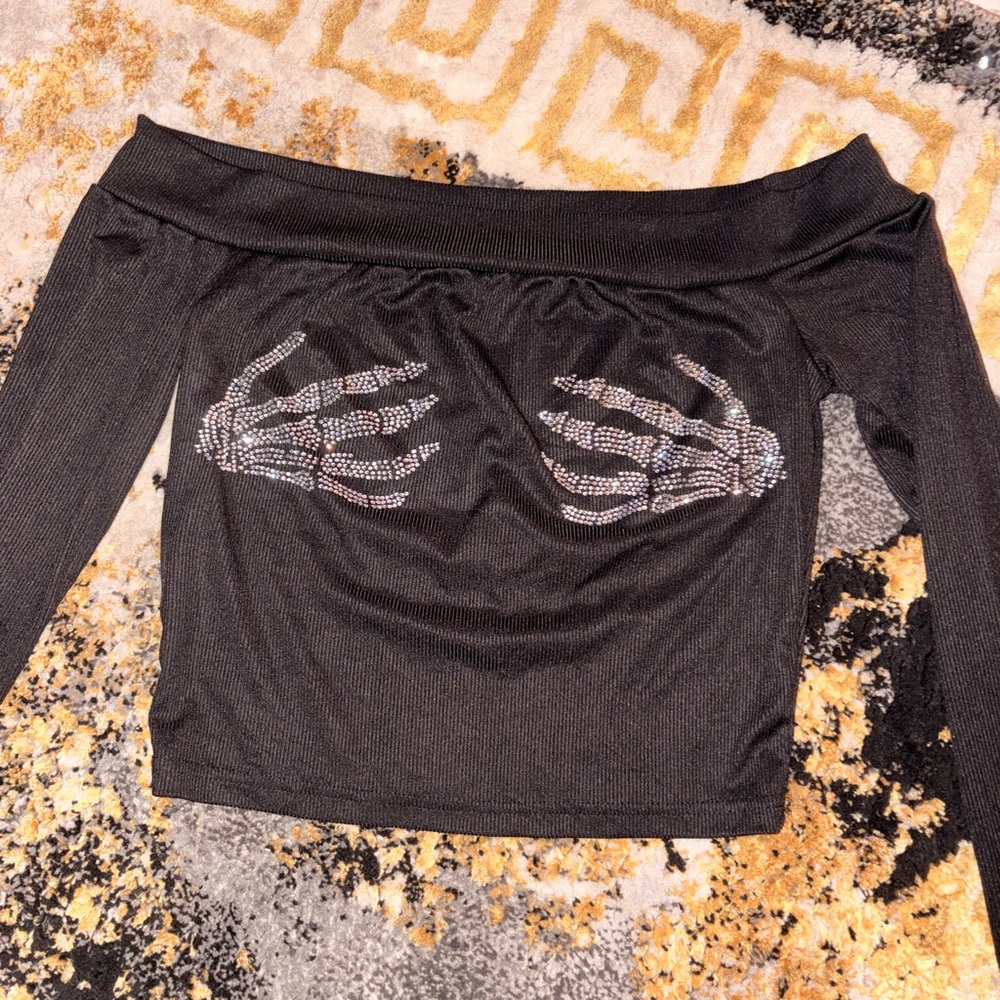 Black Off-Shoulder Top with Skeleton Design